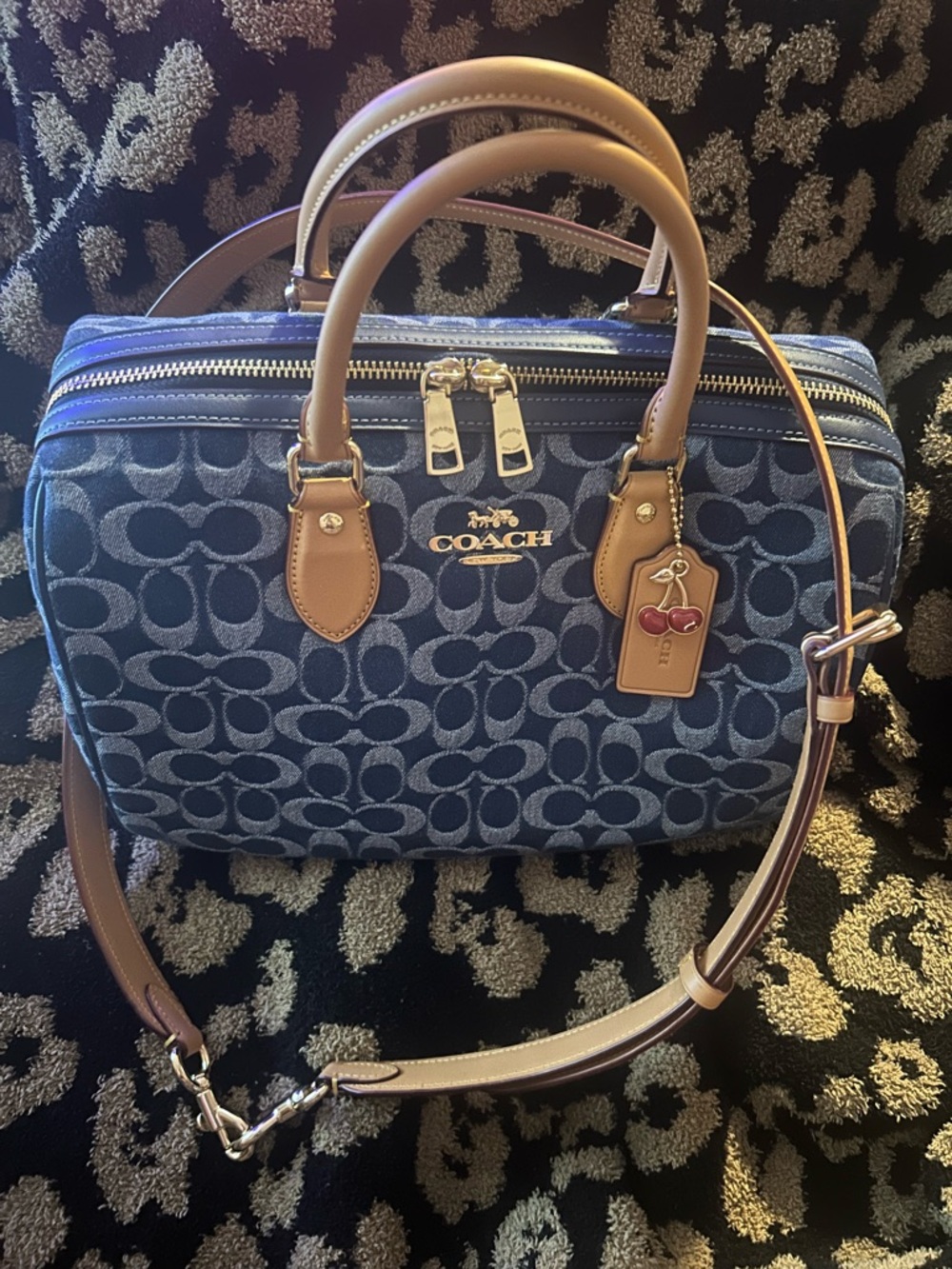 Coach Signature Denim Rowan Large Satchel with Tan Leather Trim & Cherry CY699